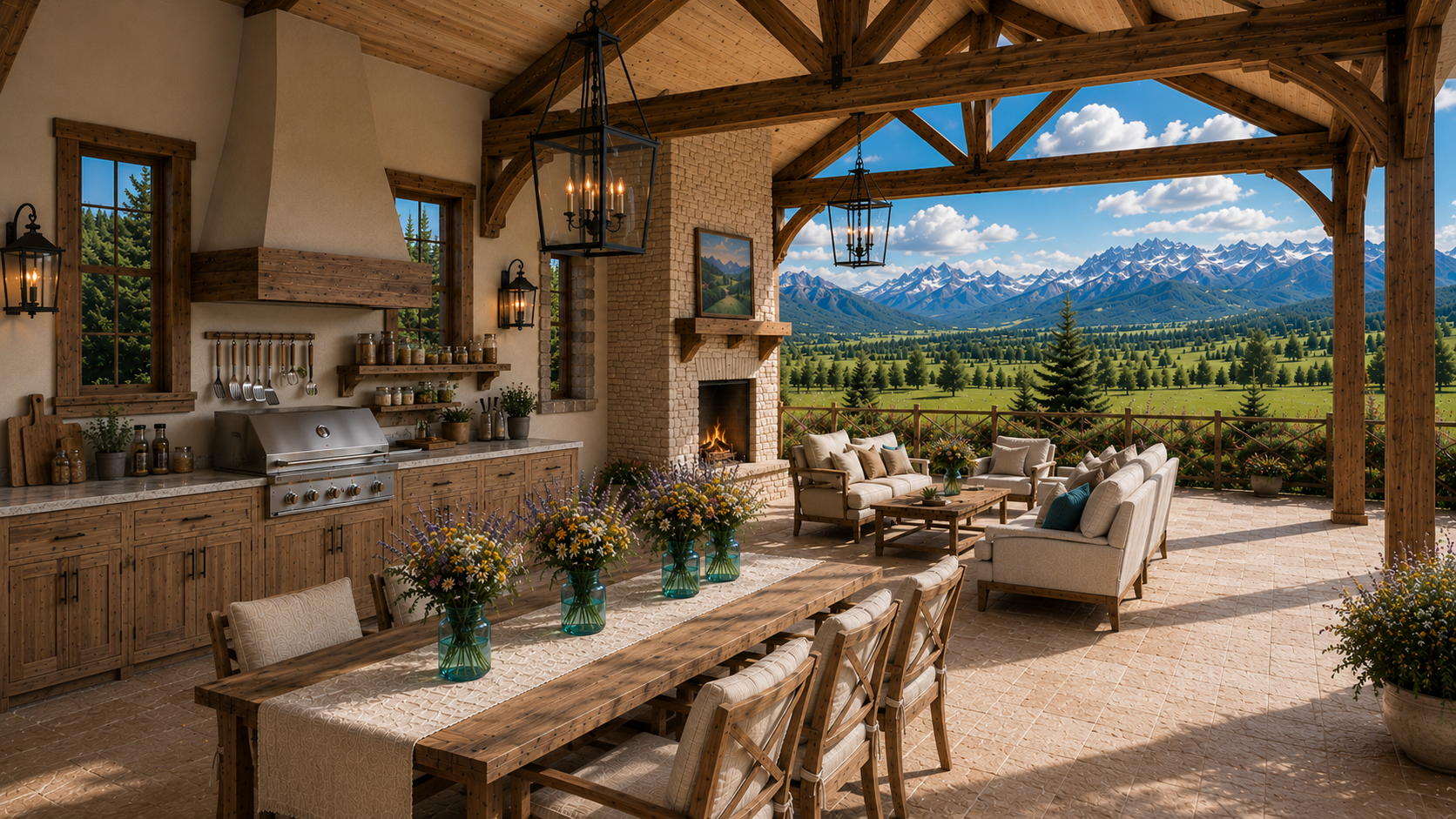 Covered outdoor living pavilion with timber roofline, outdoor kitchen and fireplace overlooking the mountains — Columbine Meadow AI concept home