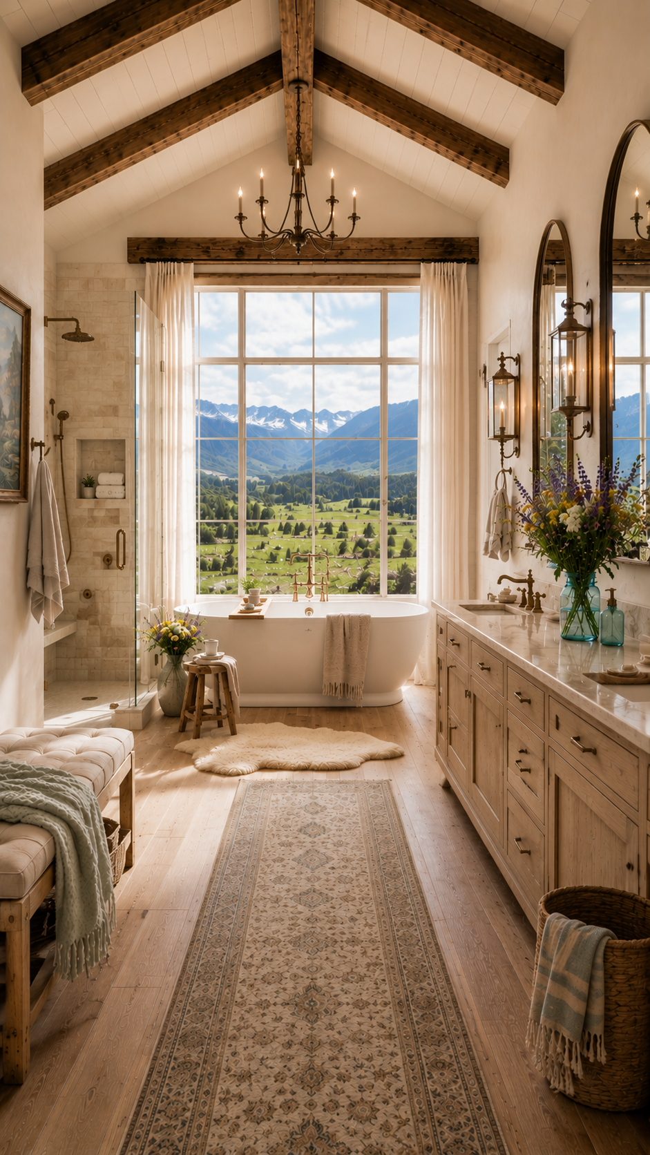 Modern farmhouse primary bathroom with freestanding tub under a mountain-view window and oak double vanity — Columbine Meadow AI concept home