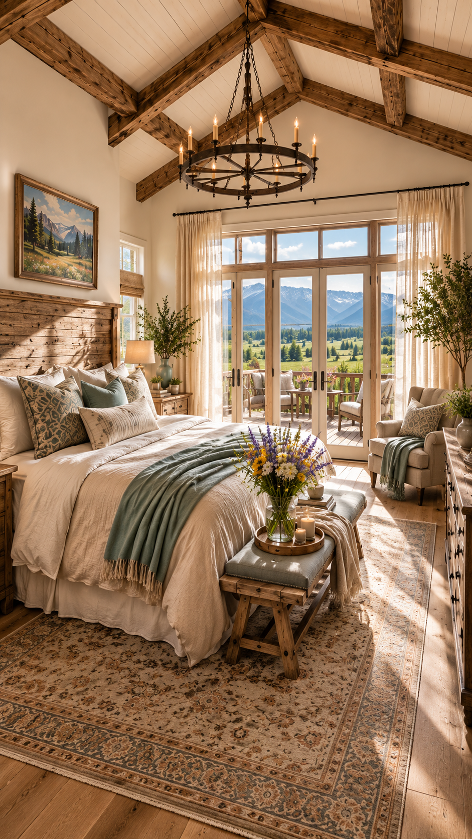 Modern farmhouse primary bedroom suite with timber headboard wall and French doors to the meadow — Columbine Meadow AI concept home