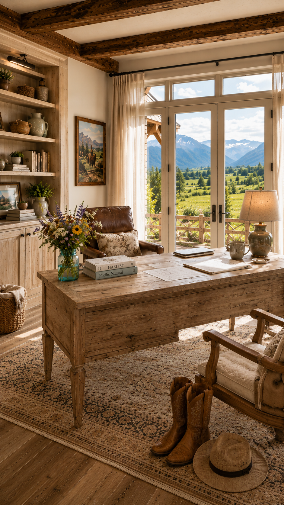 Modern farmhouse home office with reclaimed-wood desk facing mountain views and cowboy boots by the door — Columbine Meadow AI concept home