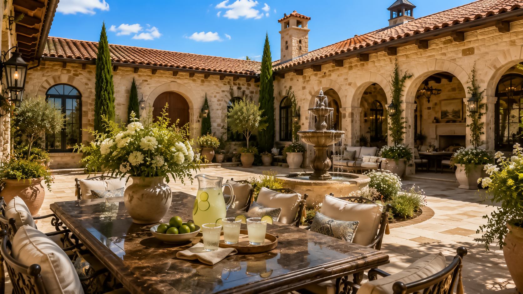 Spanish ranch courtyard with tiered stone fountain and arcaded loggia — Hill Country Hacienda AI concept home
