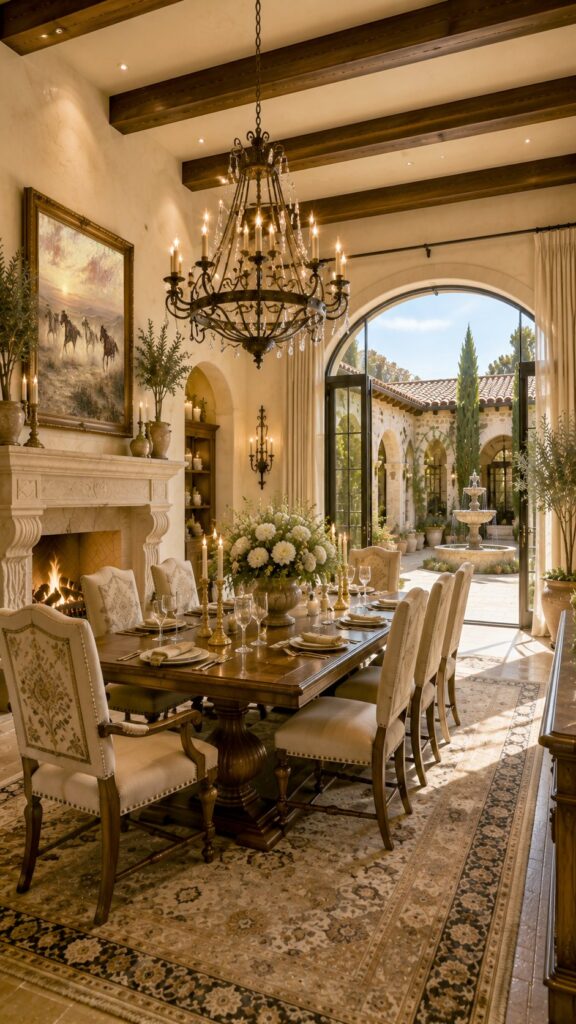 Spanish ranch dining room with carved limestone fireplace and arched courtyard doors — Hill Country Hacienda AI concept home