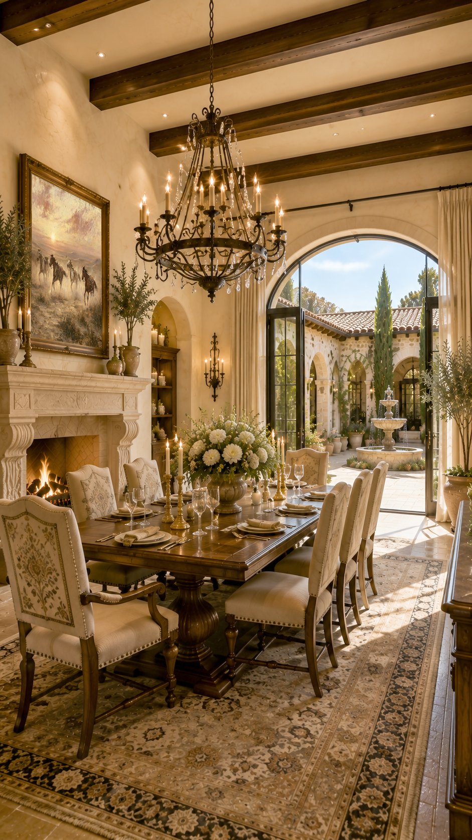 Spanish ranch dining room with carved limestone fireplace and arched courtyard doors — Hill Country Hacienda AI concept home