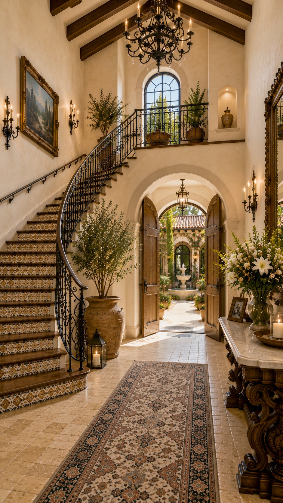 Spanish ranch entry hall with curved iron staircase and patterned tile risers — Hill Country Hacienda AI concept home