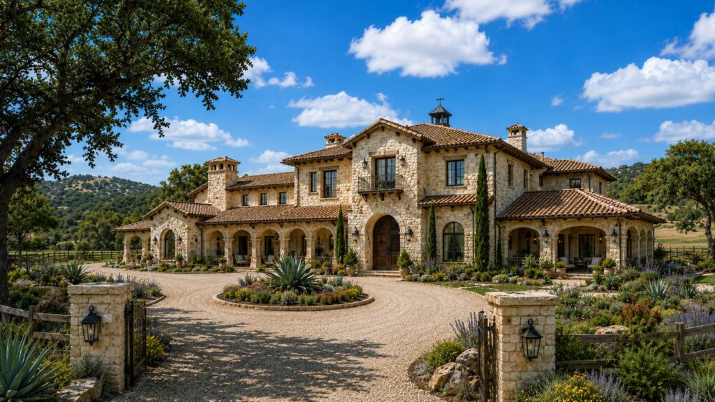 Two-story Spanish ranch limestone home with arcaded wings, clay tile roof and gravel motor court — Hill Country Hacienda AI concept home