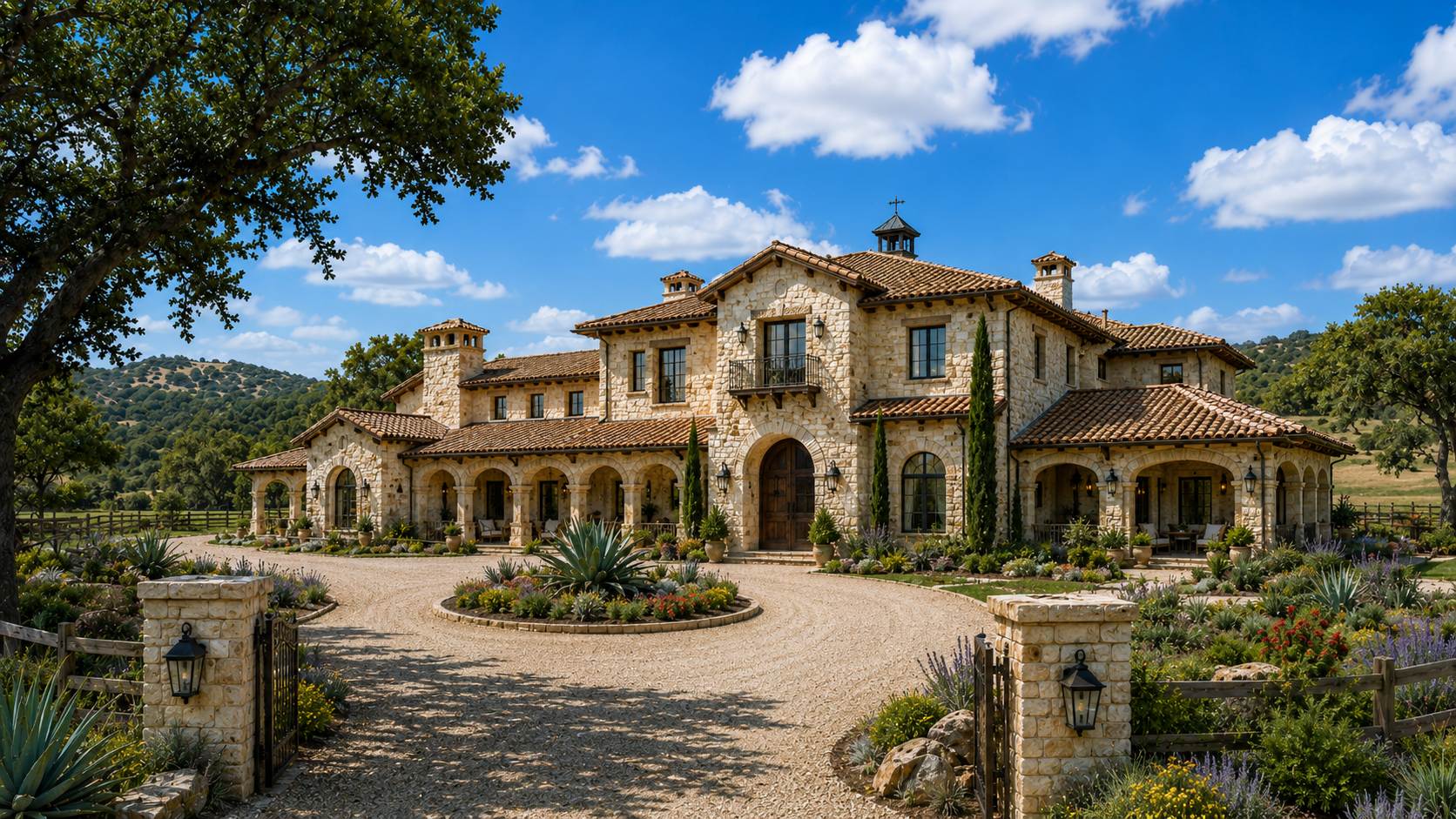Two-story Spanish ranch limestone home with arcaded wings, clay tile roof and gravel motor court — Hill Country Hacienda AI concept home