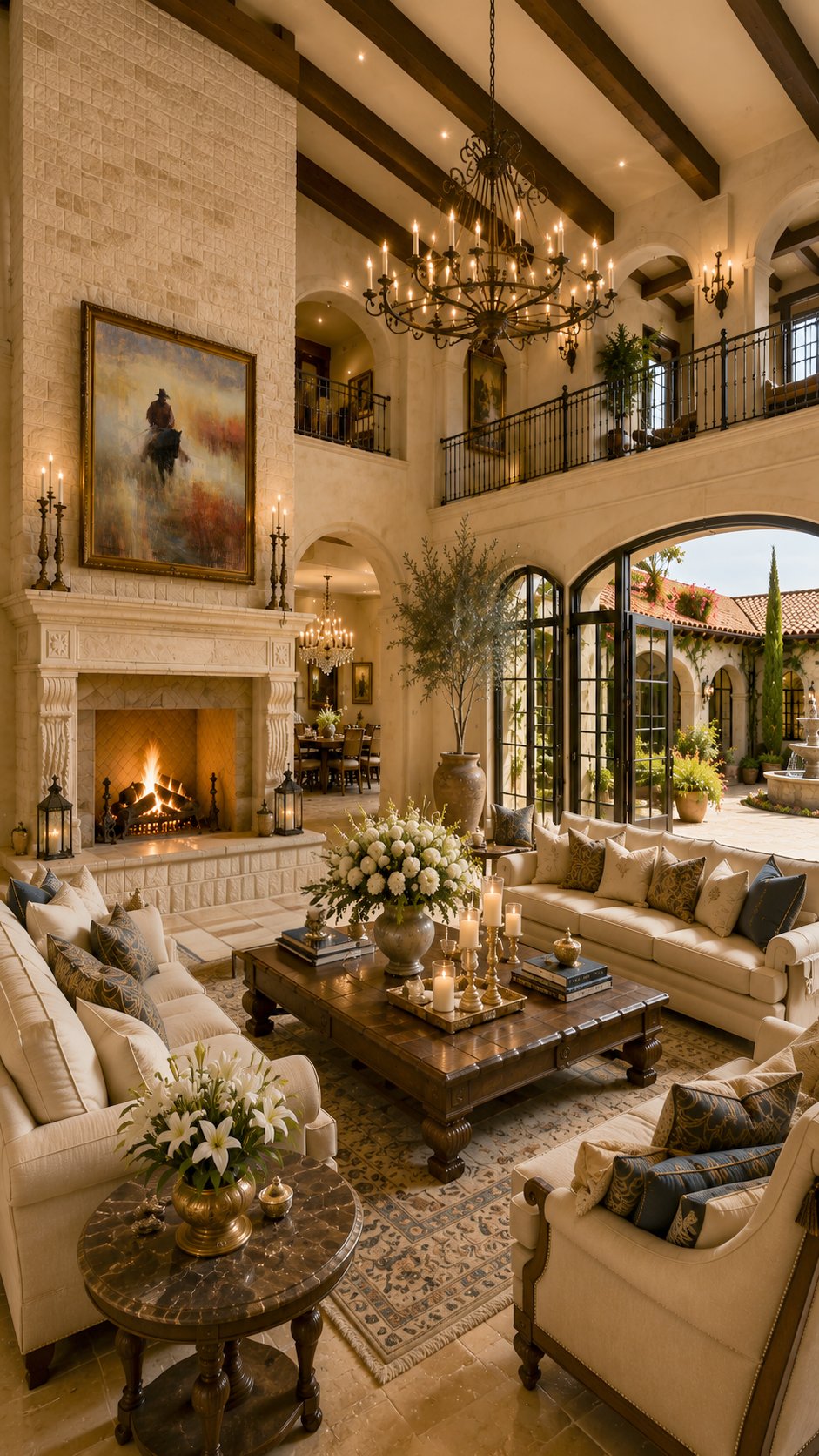 Two-story Spanish ranch great room with full-height limestone fireplace and iron chandelier — Hill Country Hacienda AI concept home