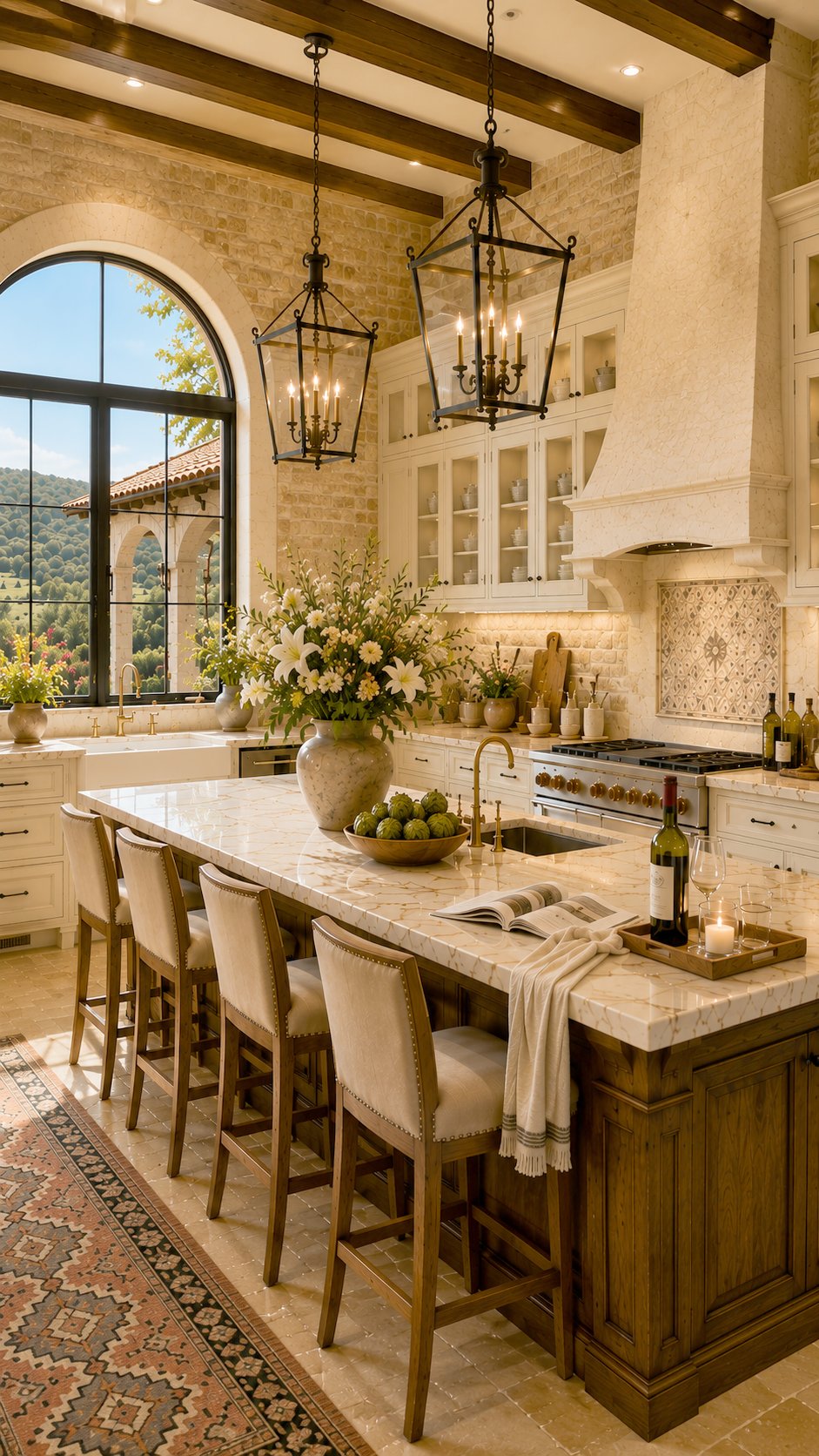 Spanish ranch kitchen with marble island, plaster range hood and iron lantern pendants — Hill Country Hacienda AI concept home