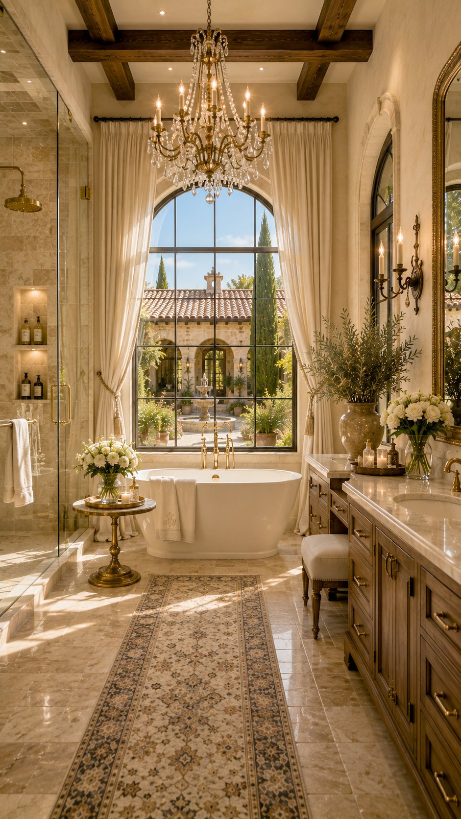 Spanish ranch primary bath with freestanding tub under a tall arched window — Hill Country Hacienda AI concept home