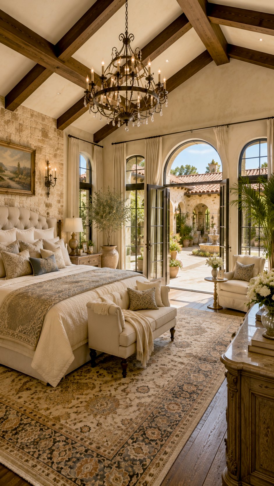 Spanish ranch primary bedroom with vaulted timber ceiling and arched courtyard doors — Hill Country Hacienda AI concept home