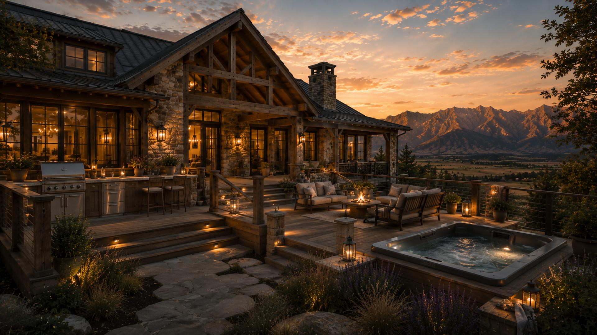 Back patio of the Rustic Ranch concept home with hot tub, outdoor kitchen, and mountain view at sunset