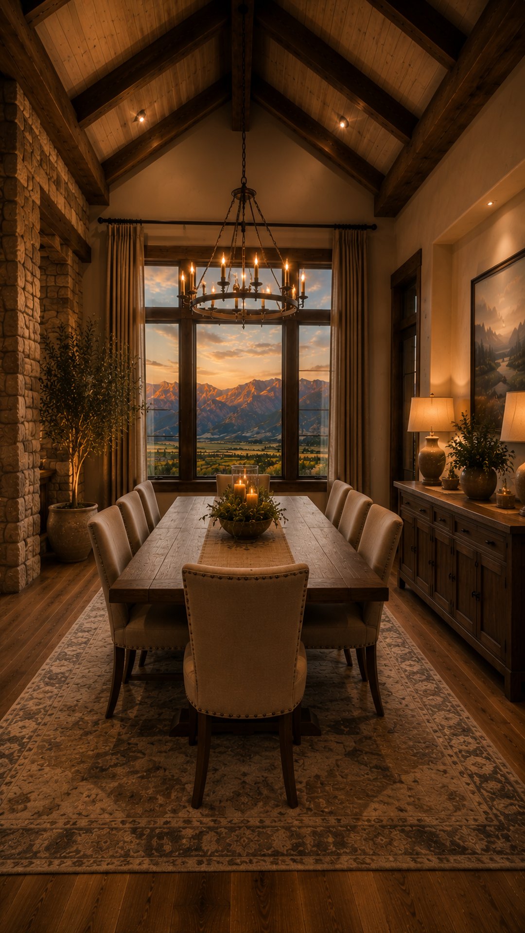 Dining room of the Rustic Ranch concept home with wood table, chandelier, and mountain view window