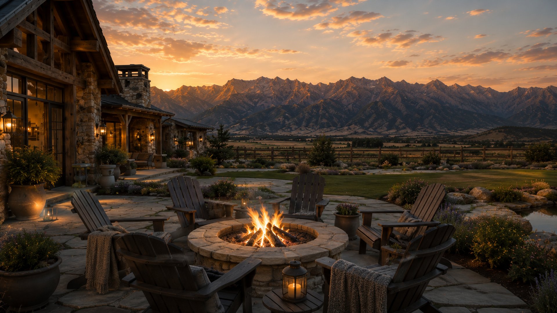 Firepit lounge area of the Rustic Ranch concept home with mountain view at sunset