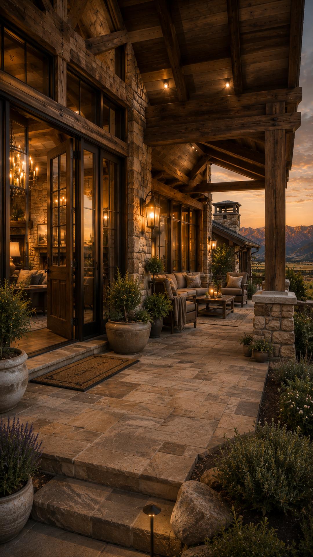 Covered front porch of the Rustic Ranch concept home with stone columns and mountain view at dusk
