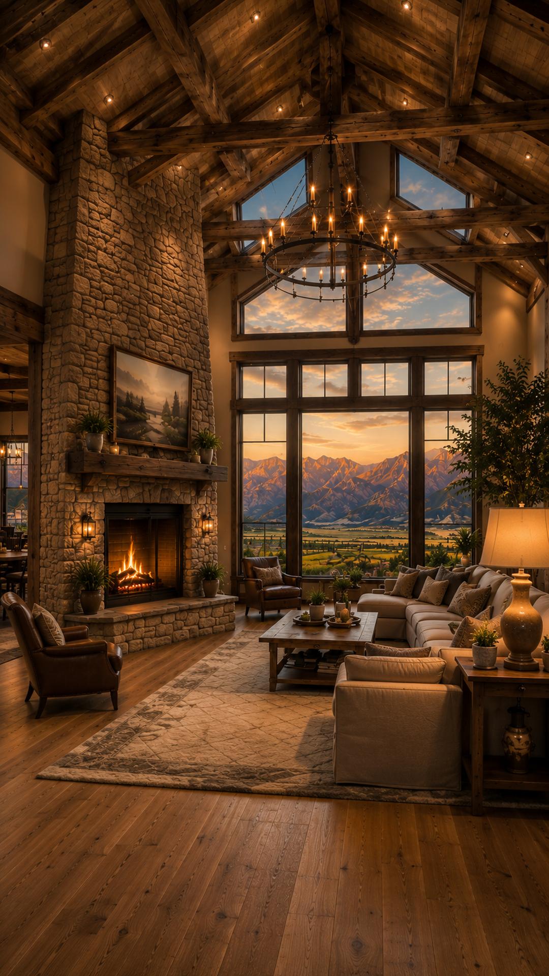 Great room of the Rustic Ranch concept home with vaulted timber ceiling and stone fireplace