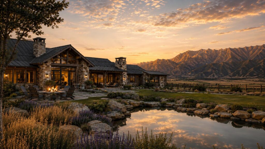Rustic Ranch concept home at sunset with mountain view and pond, The Ranch Portfolio