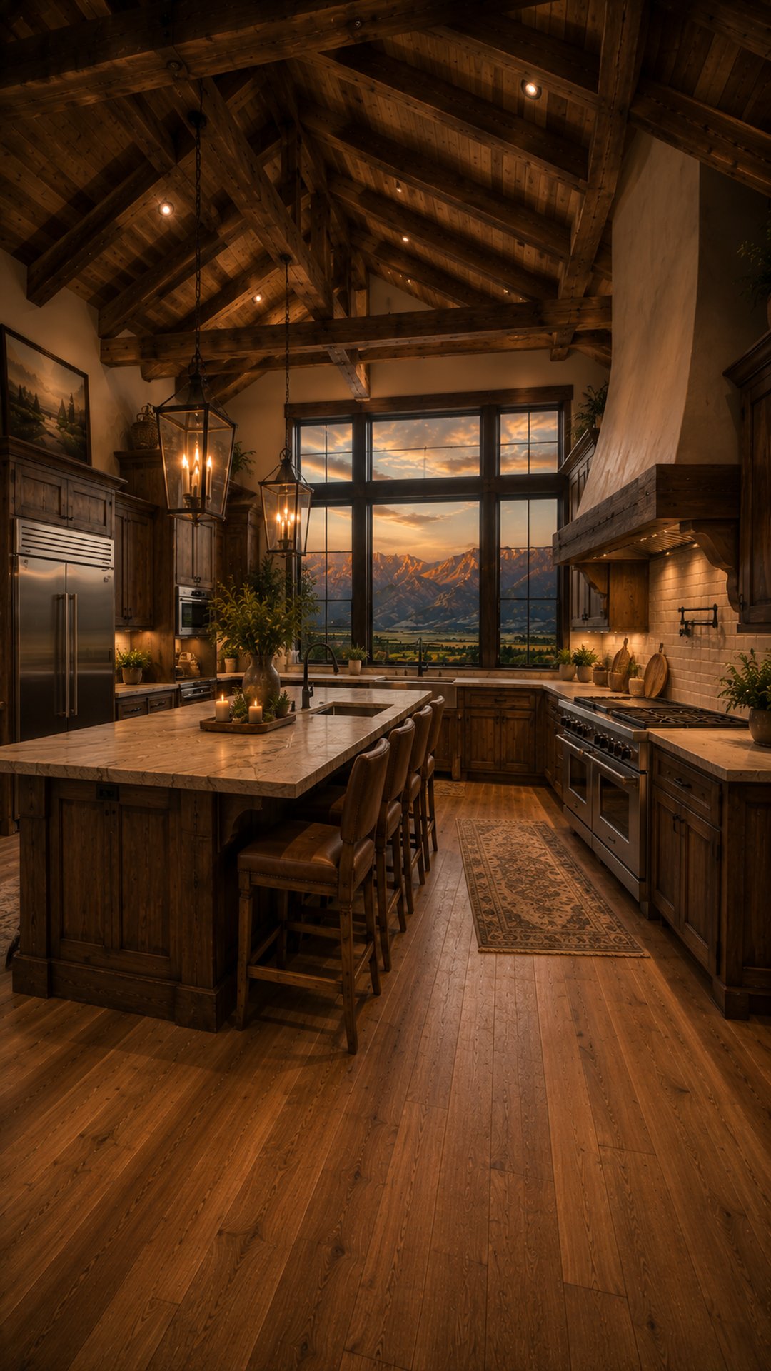 Kitchen of the Rustic Ranch concept home with wood island, vaulted beam ceiling, and mountain view