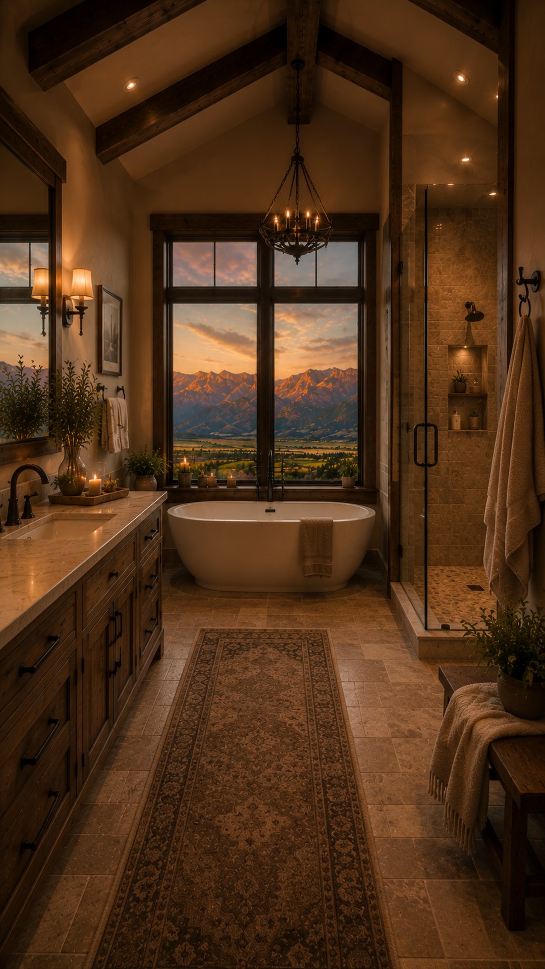 Primary bathroom of the Rustic Ranch concept home with freestanding tub and mountain view window