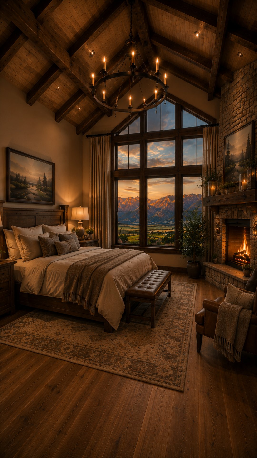 Primary bedroom of the Rustic Ranch concept home with stone fireplace and mountain view window