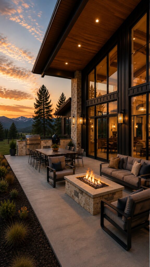Covered barndominium patio with stone fire table, lounge seating, outdoor kitchen and a two-story steel window wall glowing at dusk