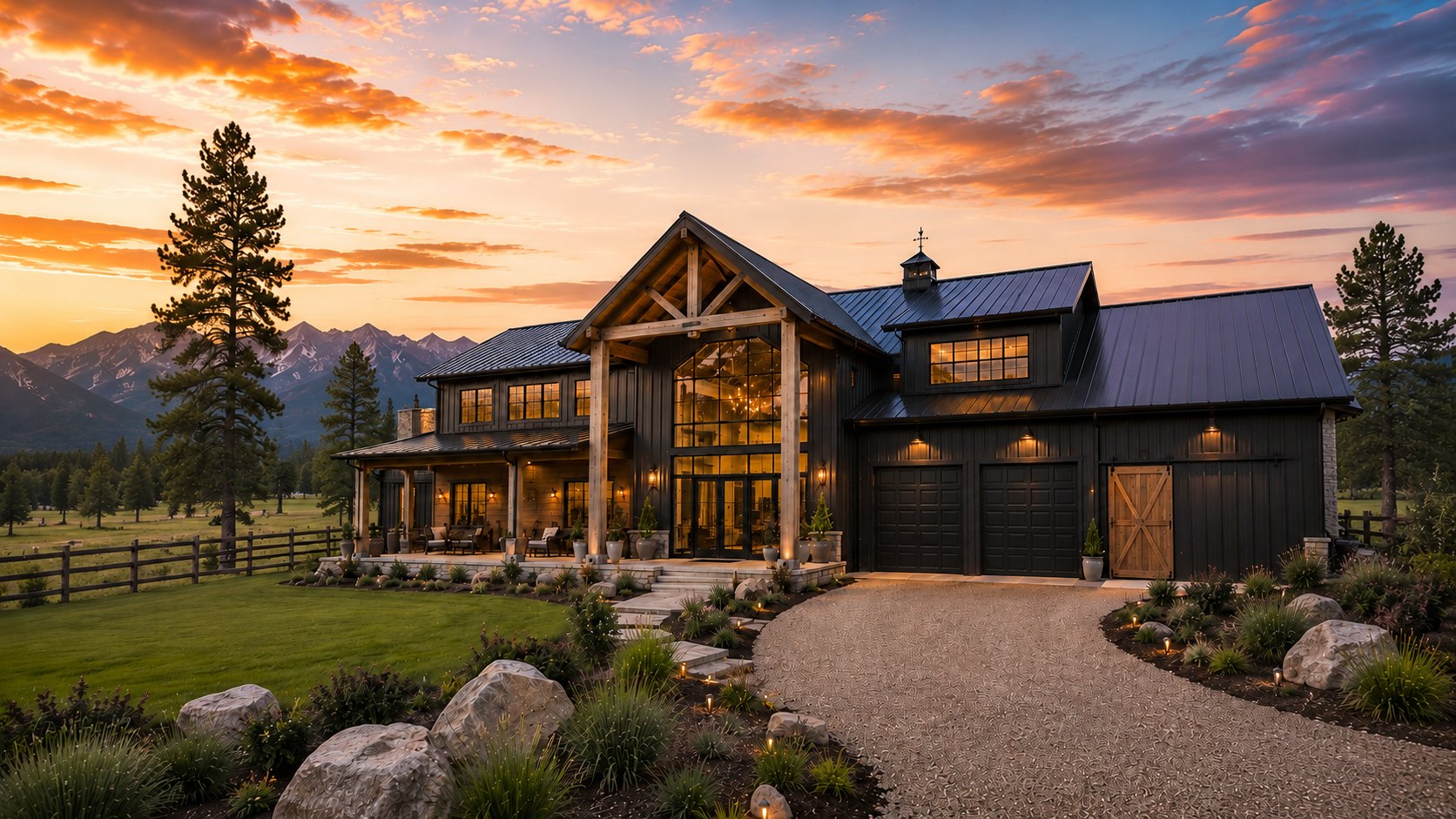 Black board-and-batten barndominium with timber truss entry, standing-seam metal roof and cupola at sunset in the mountains