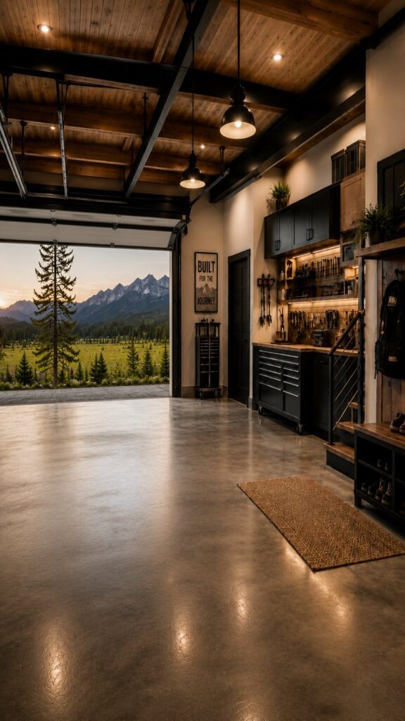 Attached barndominium shop with planked ceiling, black steel beams, workbench wall and an open overhead door framing the mountains