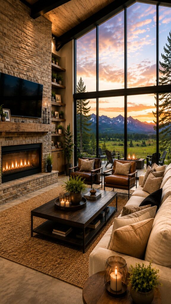 Two-story barndominium great room with timber truss, planked wood ceiling, full-height stone fireplace and steel window wall on a mountain sunset