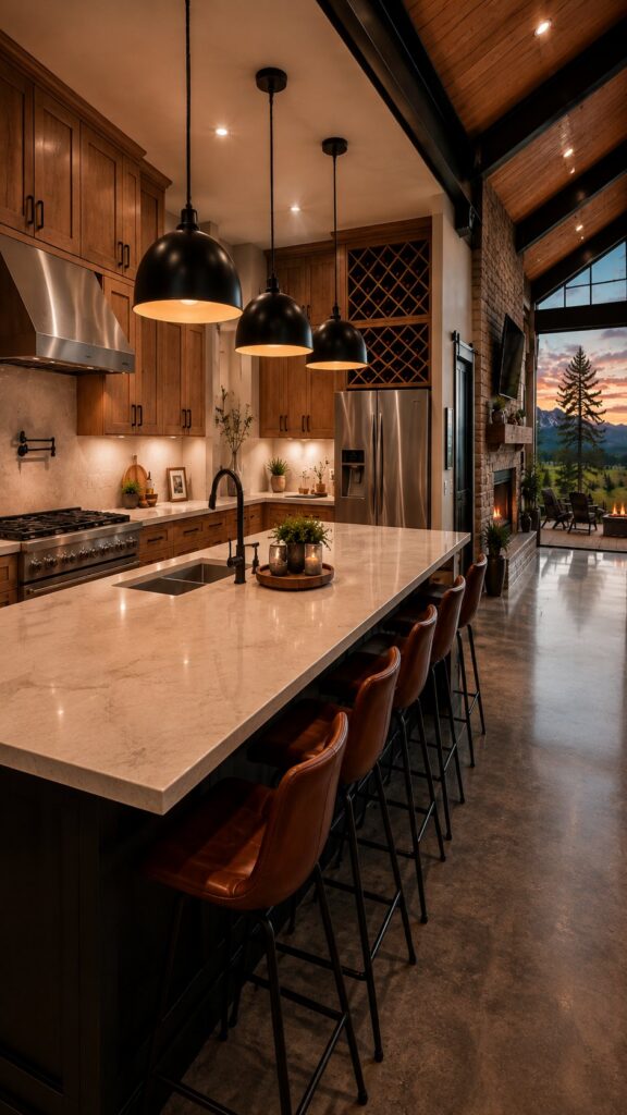 Barndominium kitchen with long stone island, cognac leather bar stools, black dome pendants, stained wood cabinetry and a lattice wine cabinet
