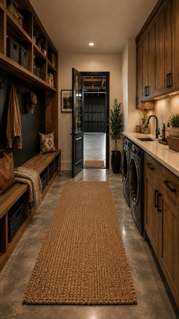 Barndominium mudroom with black shiplap, coat hooks, bench with baskets and a laundry run with stone counters leading to the shop