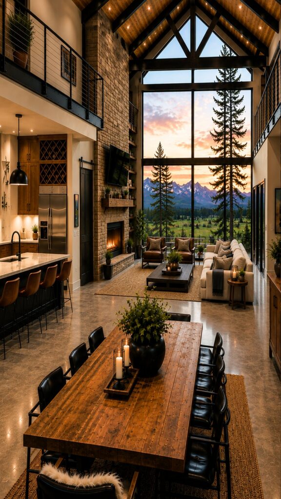 Open-concept barndominium main level with plank dining table, kitchen island, living area and a two-story steel window wall under a timber truss ceiling