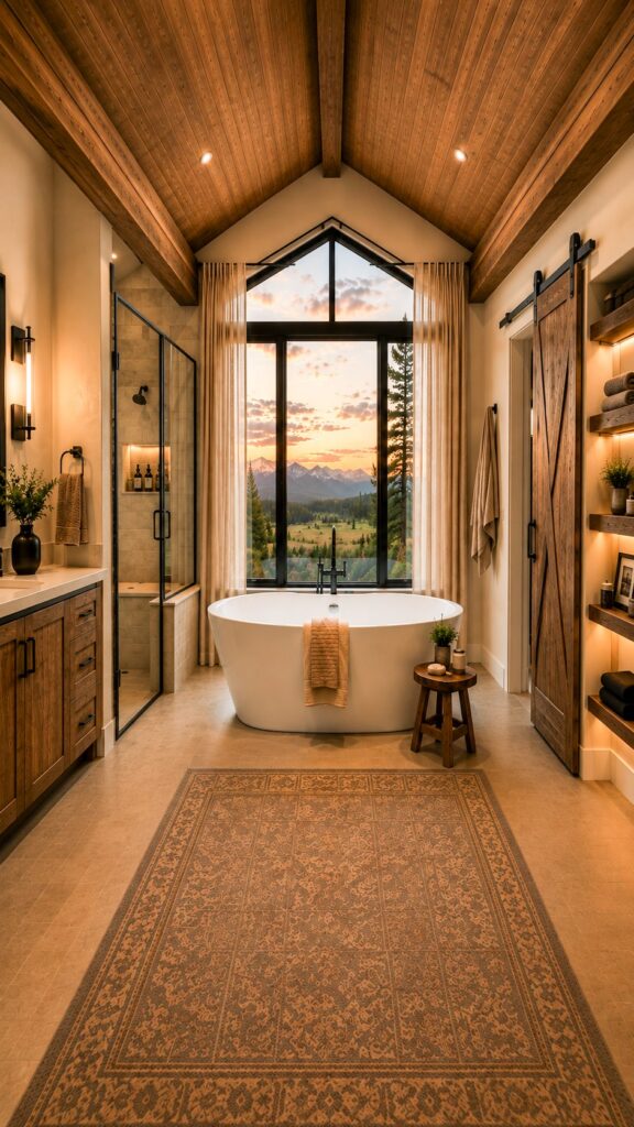 Barndominium primary bath with freestanding tub beneath a black steel gable window, rustic vanity, glass shower and backlit shelves