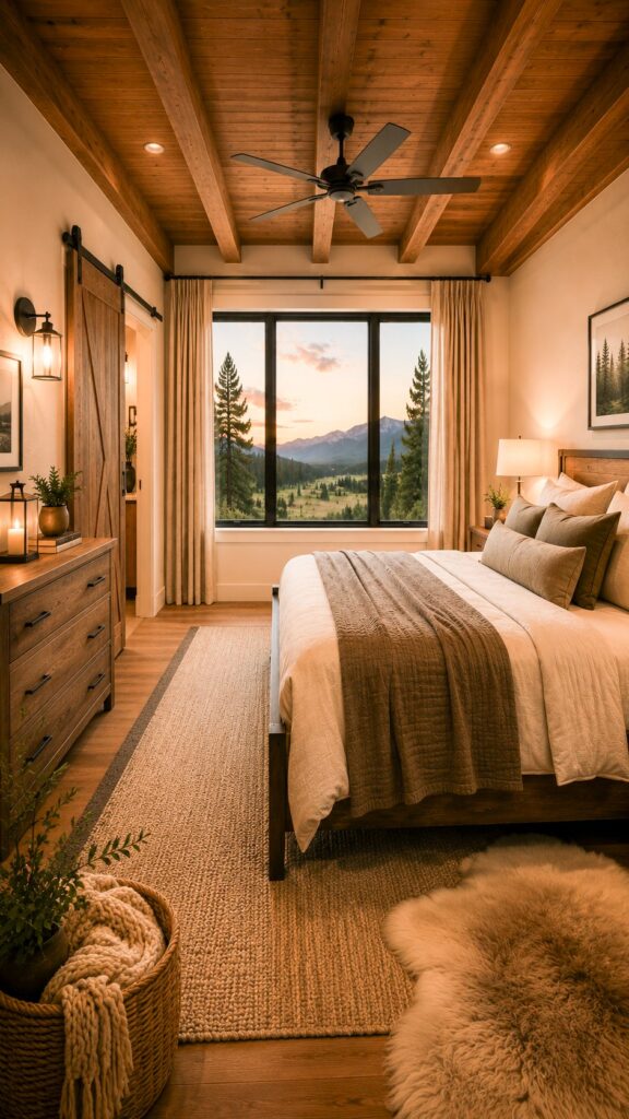 Barndominium primary bedroom with beamed wood ceiling, upholstered bed in layered cream and taupe bedding, barn door and a window on the pines and peaks