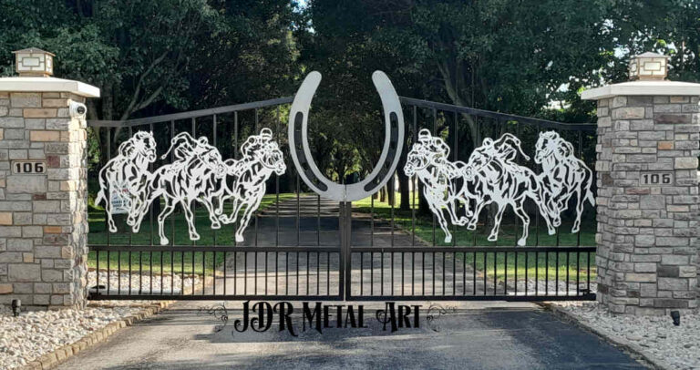Lexington Kentucky driveway gates w thoroughbred racehorse design by JDR Metal Art 2023 3 768x406