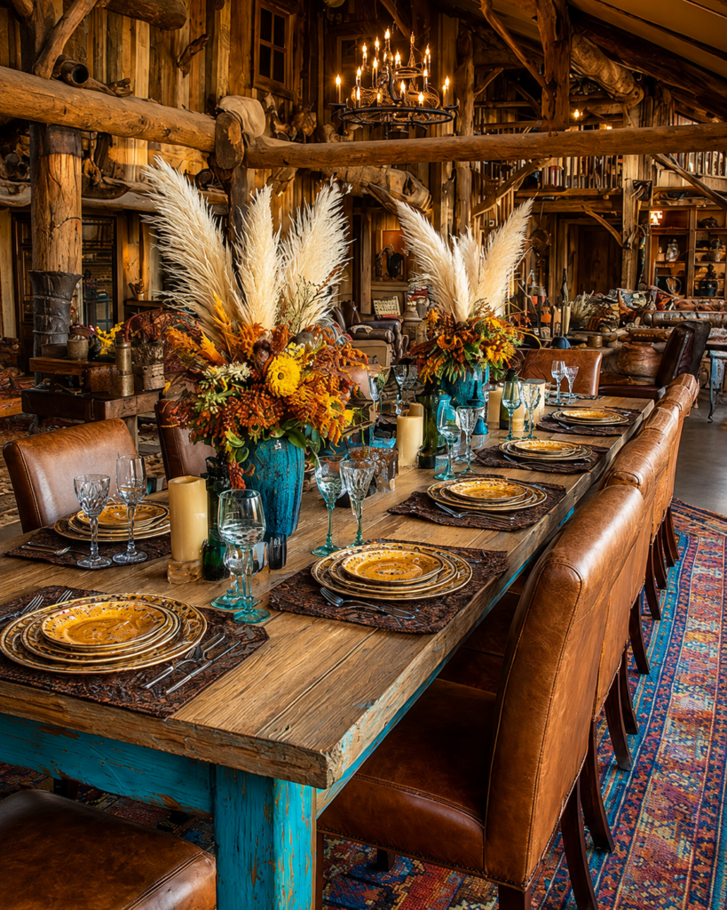 A long reclaimed-timber dining table set for twelve beneath heavy log trusses, with tan leather chairs, tooled leather placemats, amber stoneware and tall autumn arrangements in turquoise pottery