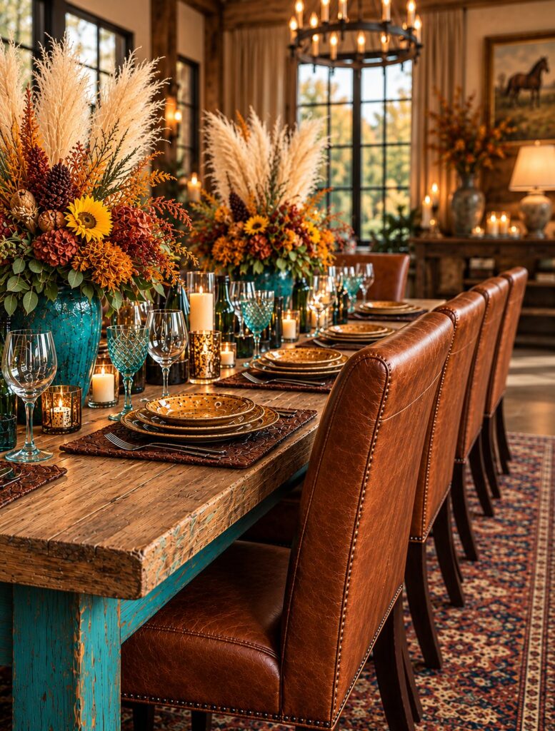 Tan leather dining chairs receding down the length of the table against a distressed turquoise trestle base and a patterned rug