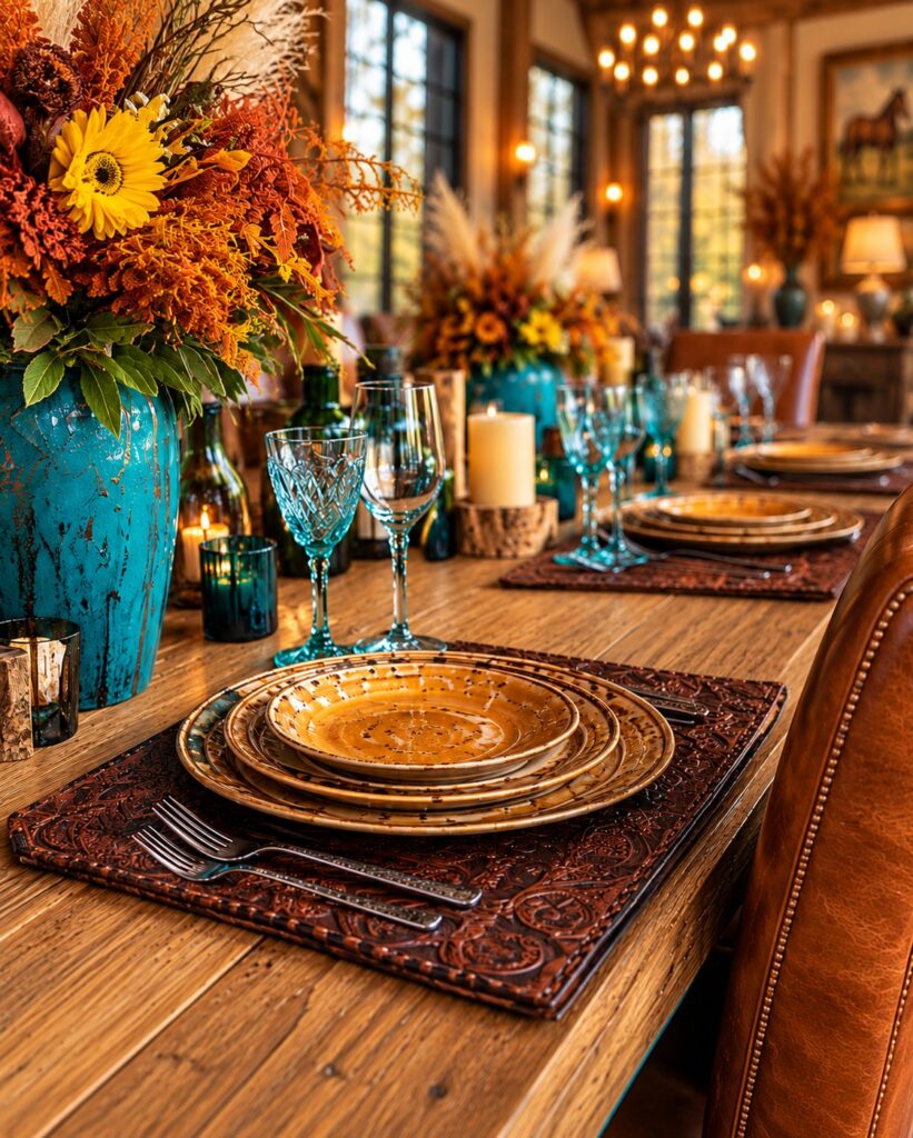 A close place setting — stacked amber stoneware on a tooled leather placemat, turquoise goblets, a turquoise vessel and autumn florals