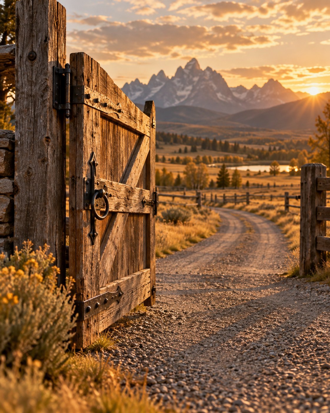 A weathered timber ranch gate standing open at golden hour, a gravel drive running toward distant mountains