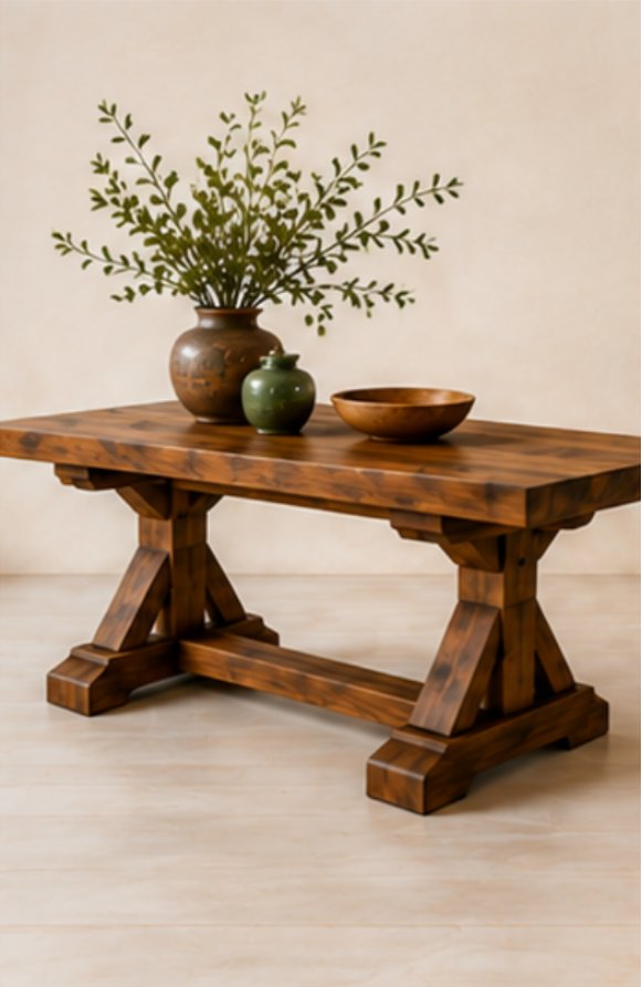 A reclaimed oak trestle table photographed on its own