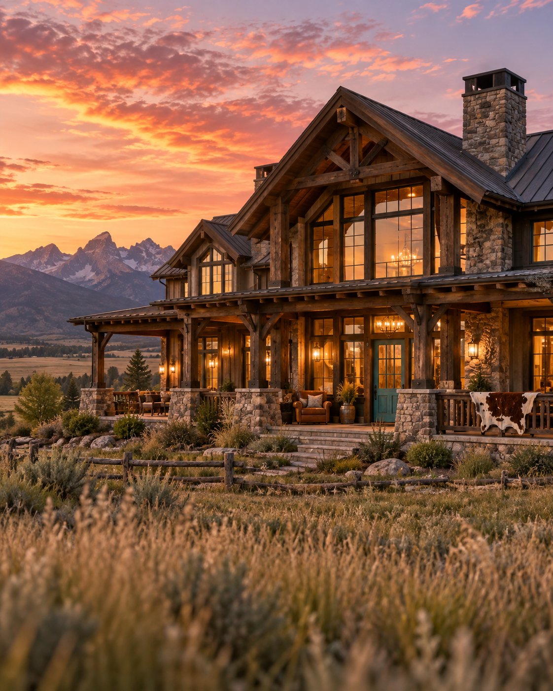 A rustic ranch home at golden hour with timber beams, stone and a deep covered porch