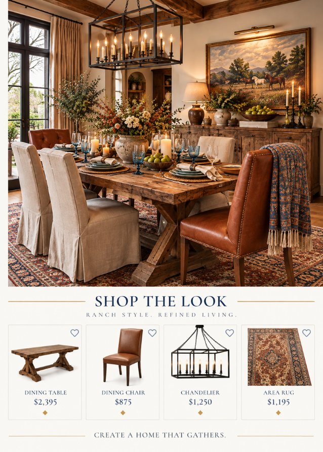 A Shop the Look page showing the dining room above and its actual pieces priced and shoppable below