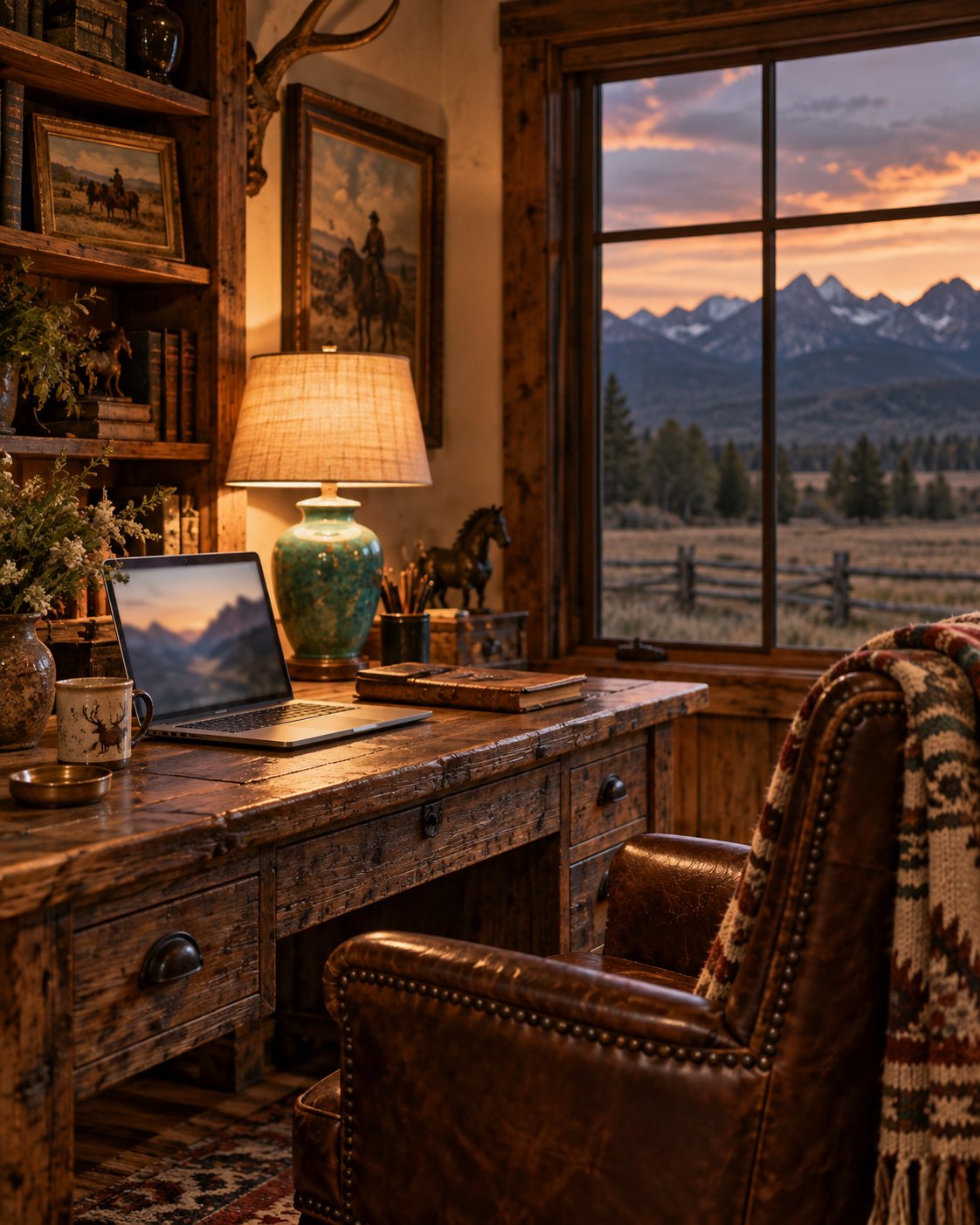 A rustic ranch home office at dusk with a laptop on a reclaimed timber desk and mountains through the window