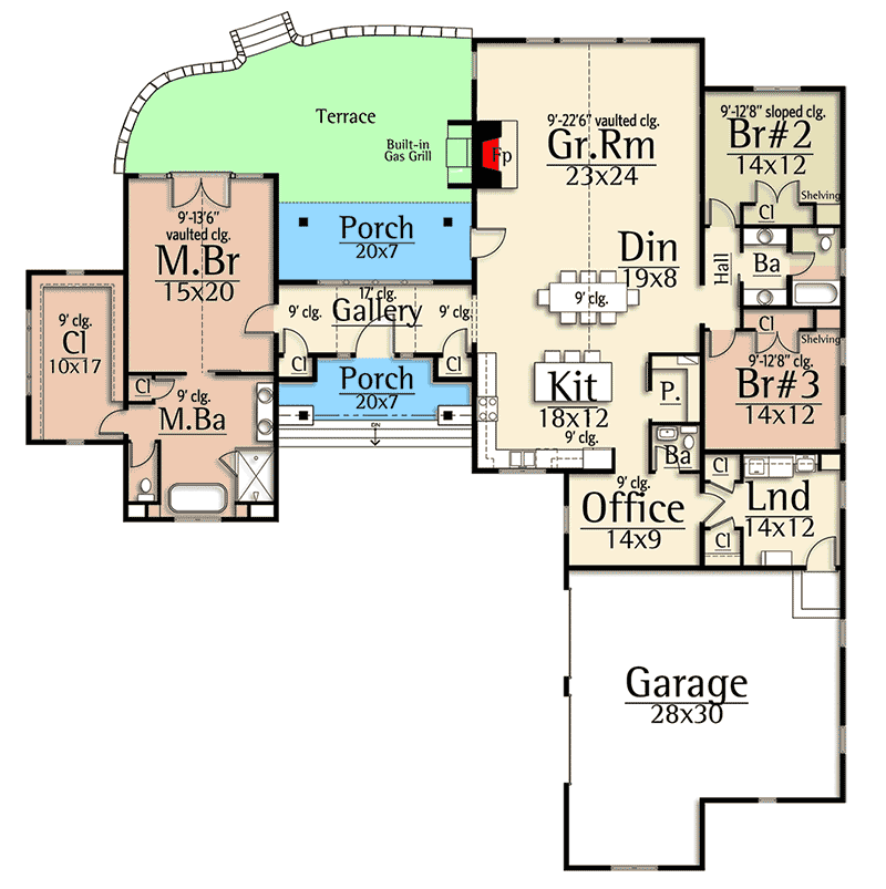 Rustic mountain ranch floor plan with split bedrooms, front-to-back great room, terrace and courtyard garage
