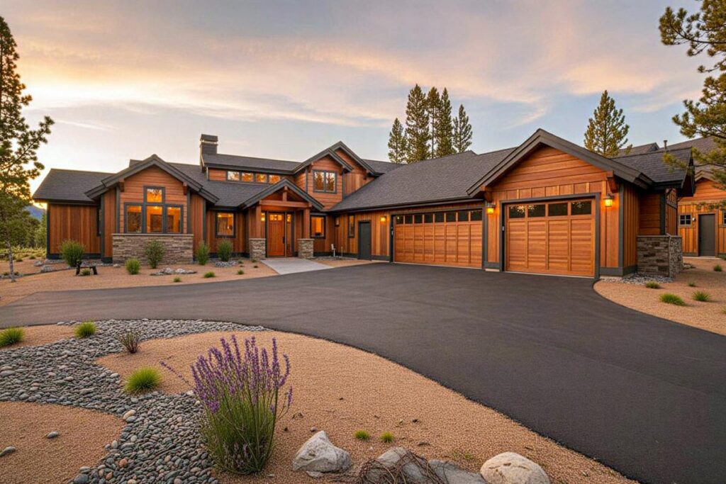 Mountain craftsman house plan exterior with wood siding, stone accents and 3-car garage, 3 vaulted bedrooms, 2,536 sq ft