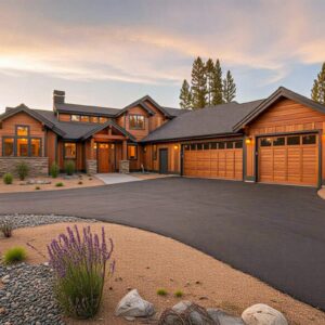 Mountain craftsman house plan exterior with wood siding, stone accents and 3-car garage, 3 vaulted bedrooms, 2,536 sq ft