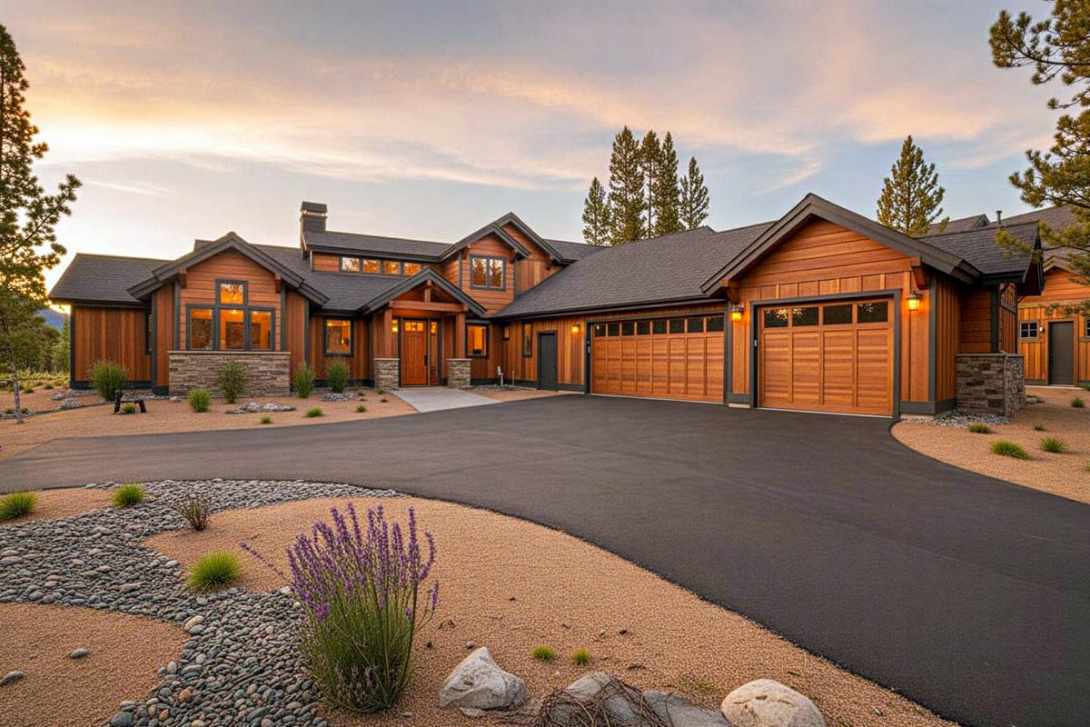 Mountain craftsman house plan exterior with wood siding, stone accents and 3-car garage, 3 vaulted bedrooms, 2,536 sq ft