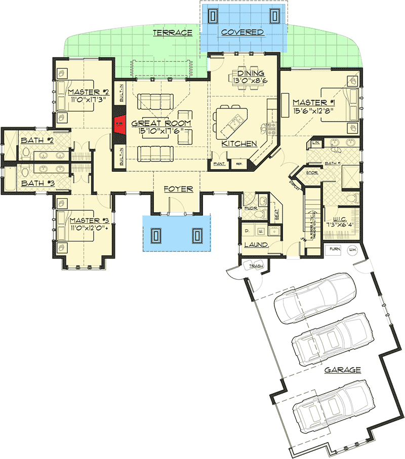 Mountain house plan main level floor plan with three vaulted bedrooms and vaulted great room
