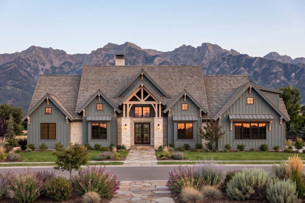 Modern mountain farmhouse plan with stone, vertical siding and timber-framed entry, 4 bedrooms, 3,978 sq ft