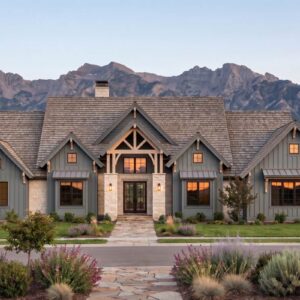 Modern mountain farmhouse plan with stone, vertical siding and timber-framed entry, 4 bedrooms, 3,978 sq ft