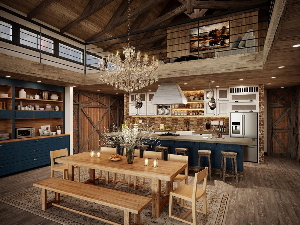 Barndominium great room and kitchen with exposed beams, chandelier and loft overlook