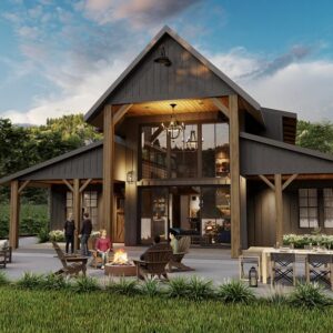 Barndominium house plan exterior at dusk with timber-framed gable, two-story glass and fire pit patio, 4 bedrooms, 3,247 sq ft